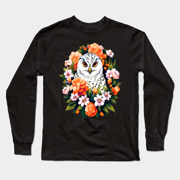 Cute Snowy Owl Surrounded by Bold Vibrant Spring Flowers Long Sleeve T-Shirt by BirdsnStuff