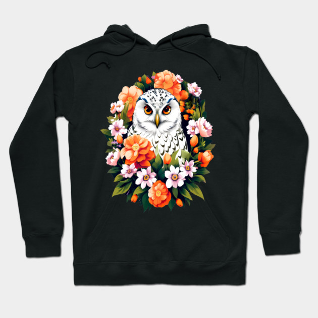 Cute Snowy Owl Surrounded by Bold Vibrant Spring Flowers Hoodie by BirdsnStuff