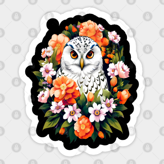 Cute Snowy Owl Surrounded by Bold Vibrant Spring Flowers Sticker by BirdsnStuff