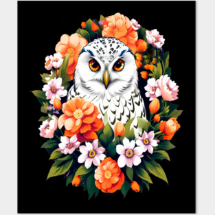 Cute Snowy Owl Surrounded by Bold Vibrant Spring Flowers Posters and Art