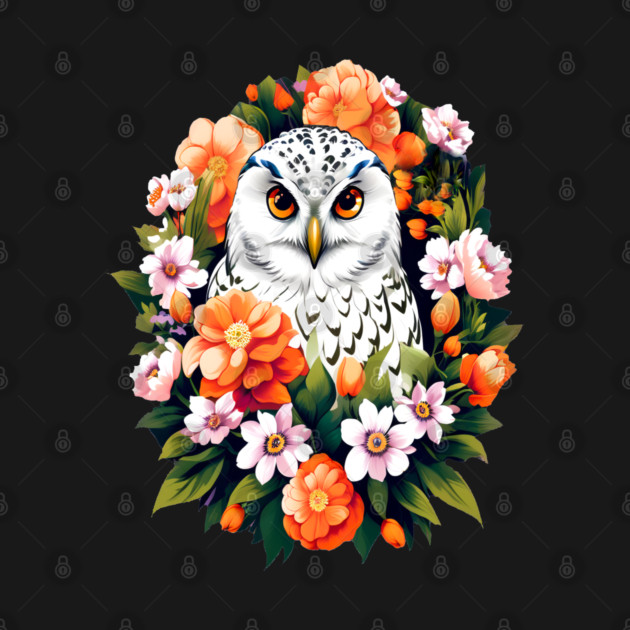 Cute Snowy Owl Surrounded by Bold Vibrant Spring Flowers by BirdsnStuff