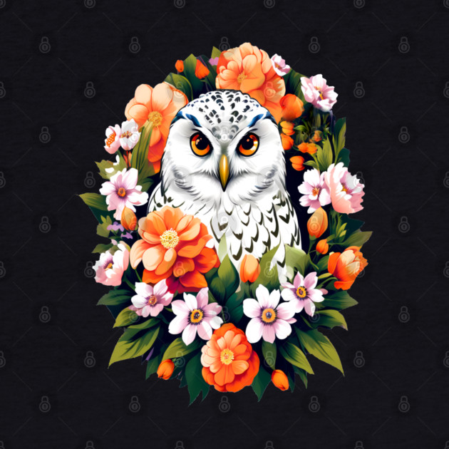 Cute Snowy Owl Surrounded by Bold Vibrant Spring Flowers by BirdsnStuff