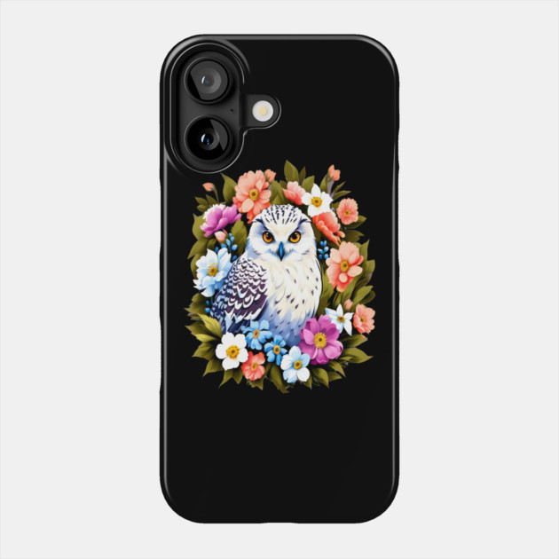 Cute Snowy Owl Surrounded by Bold Vibrant Spring Flowers Phone Case by BirdsnStuff