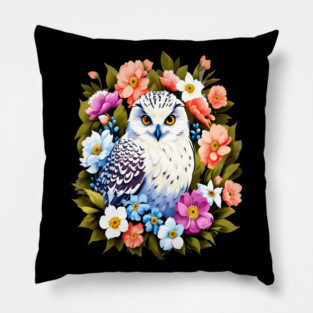 Cute Snowy Owl Surrounded by Bold Vibrant Spring Flowers Pillow
