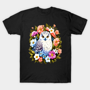 Cute Snowy Owl Surrounded by Bold Vibrant Spring Flowers T-Shirt