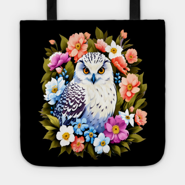 Cute Snowy Owl Surrounded by Bold Vibrant Spring Flowers Tote by BirdsnStuff