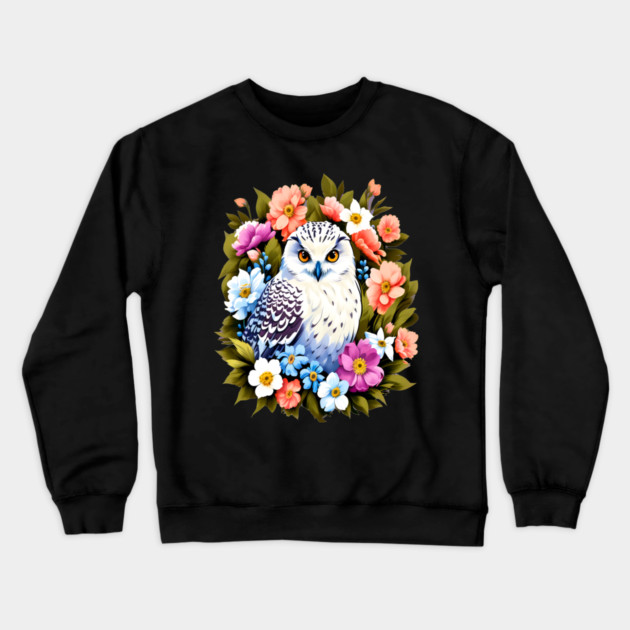 Cute Snowy Owl Surrounded by Bold Vibrant Spring Flowers Crewneck Sweatshirt by BirdsnStuff