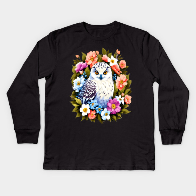 Cute Snowy Owl Surrounded by Bold Vibrant Spring Flowers Kids Long Sleeve T-Shirt by BirdsnStuff