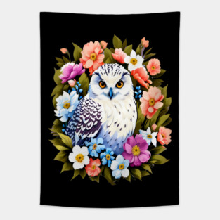 Cute Snowy Owl Surrounded by Bold Vibrant Spring Flowers Tapestry