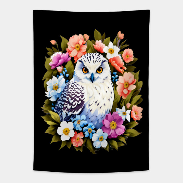 Cute Snowy Owl Surrounded by Bold Vibrant Spring Flowers Tapestry by BirdsnStuff