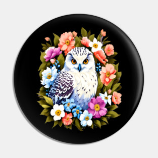 Cute Snowy Owl Surrounded by Bold Vibrant Spring Flowers Pin