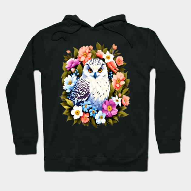 Cute Snowy Owl Surrounded by Bold Vibrant Spring Flowers Hoodie by BirdsnStuff
