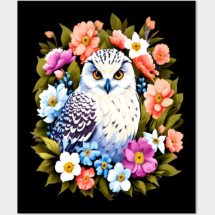 Cute Snowy Owl Surrounded by Bold Vibrant Spring Flowers Posters and Art