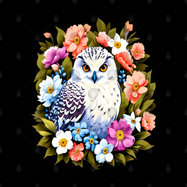 Cute Snowy Owl Surrounded by Bold Vibrant Spring Flowers by BirdsnStuff