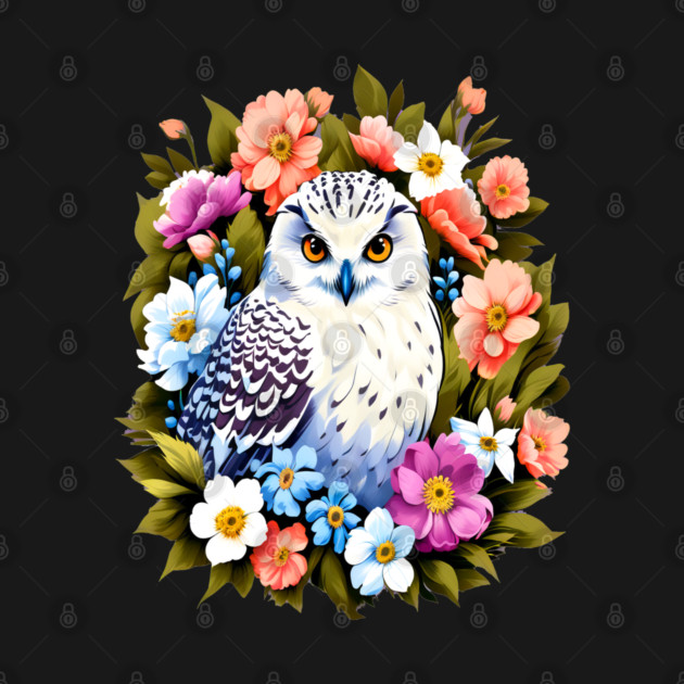 Cute Snowy Owl Surrounded by Bold Vibrant Spring Flowers by BirdsnStuff
