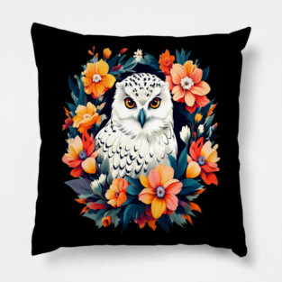Cute Snowy Owl Surrounded by Bold Vibrant Spring Flowers Pillow