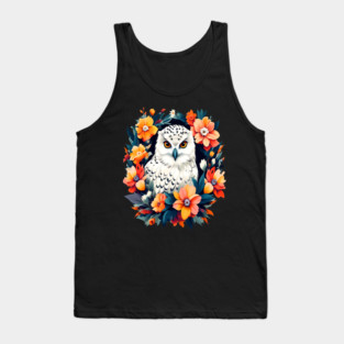 Cute Snowy Owl Surrounded by Bold Vibrant Spring Flowers Tank Top