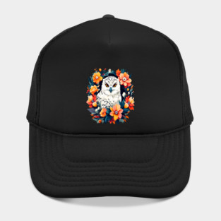 Cute Snowy Owl Surrounded by Bold Vibrant Spring Flowers Hat