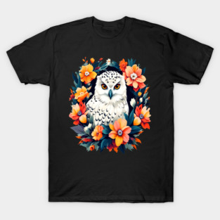 Cute Snowy Owl Surrounded by Bold Vibrant Spring Flowers T-Shirt