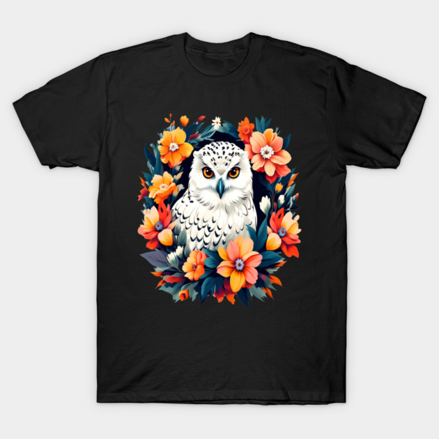 Cute Snowy Owl Surrounded by Bold Vibrant Spring Flowers T-Shirt by BirdsnStuff