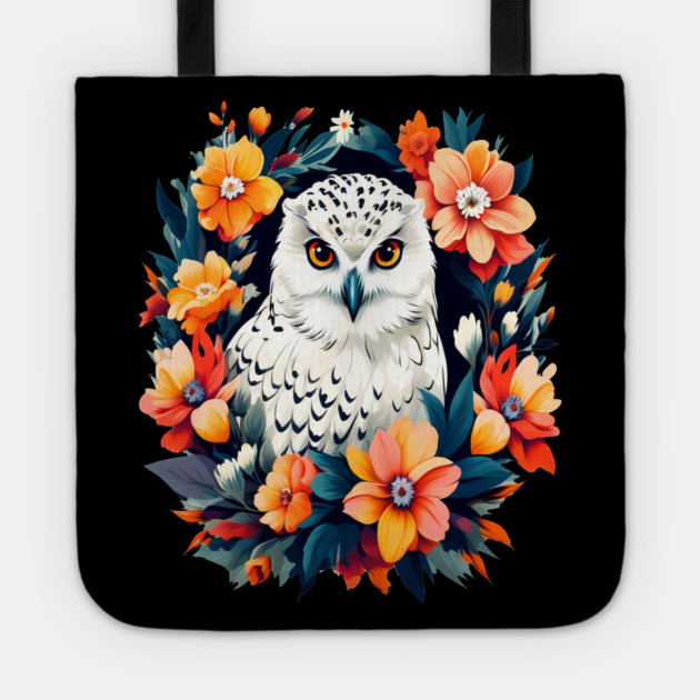 Cute Snowy Owl Surrounded by Bold Vibrant Spring Flowers Tote by BirdsnStuff