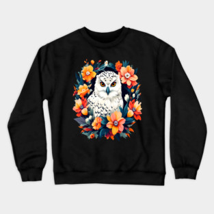 Cute Snowy Owl Surrounded by Bold Vibrant Spring Flowers Crewneck Sweatshirt
