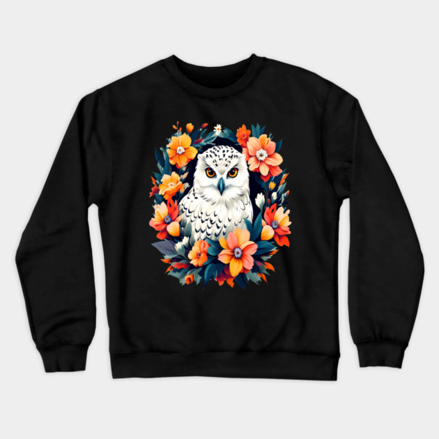 Cute Snowy Owl Surrounded by Bold Vibrant Spring Flowers Crewneck Sweatshirt by BirdsnStuff