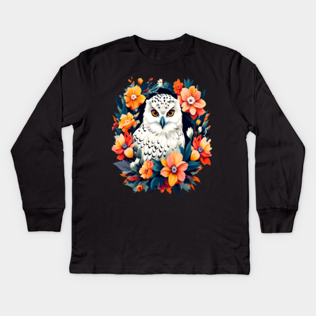 Cute Snowy Owl Surrounded by Bold Vibrant Spring Flowers Kids Long Sleeve T-Shirt by BirdsnStuff