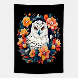 Cute Snowy Owl Surrounded by Bold Vibrant Spring Flowers Tapestry