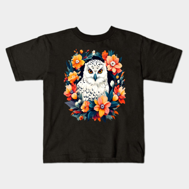 Cute Snowy Owl Surrounded by Bold Vibrant Spring Flowers Kids T-Shirt by BirdsnStuff