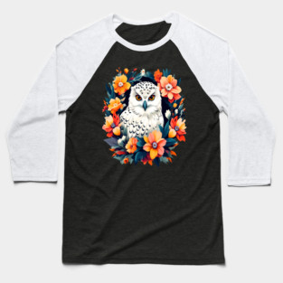 Cute Snowy Owl Surrounded by Bold Vibrant Spring Flowers Baseball T-Shirt