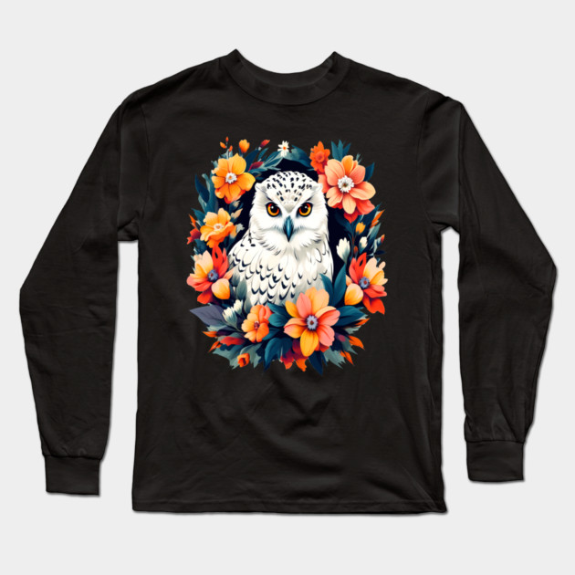 Cute Snowy Owl Surrounded by Bold Vibrant Spring Flowers Long Sleeve T-Shirt by BirdsnStuff