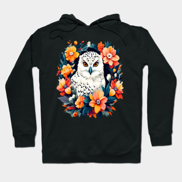 Cute Snowy Owl Surrounded by Bold Vibrant Spring Flowers Hoodie by BirdsnStuff