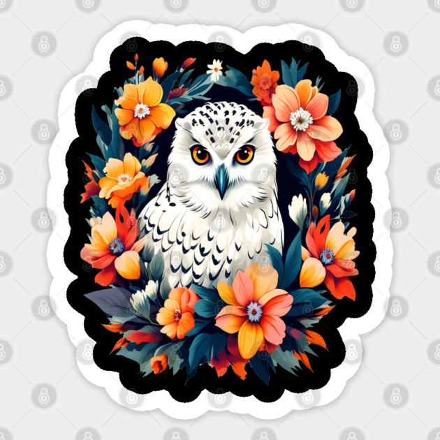 Cute Snowy Owl Surrounded by Bold Vibrant Spring Flowers Sticker by BirdsnStuff