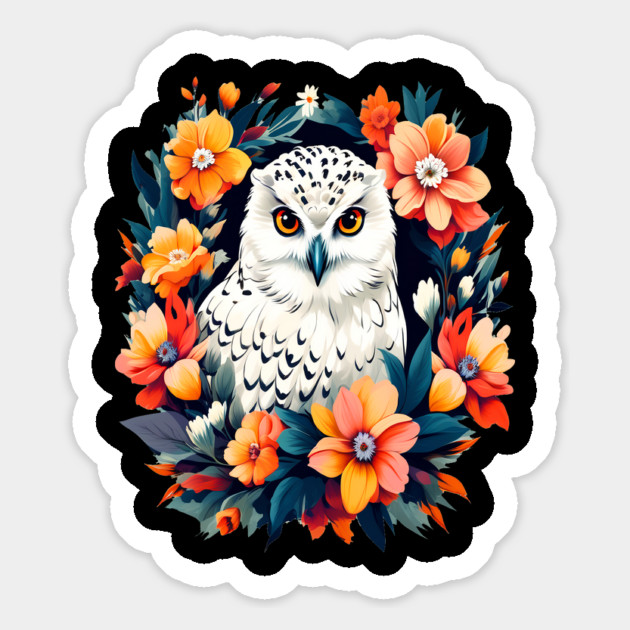Cute Snowy Owl Surrounded by Bold Vibrant Spring Flowers Magnet by BirdsnStuff