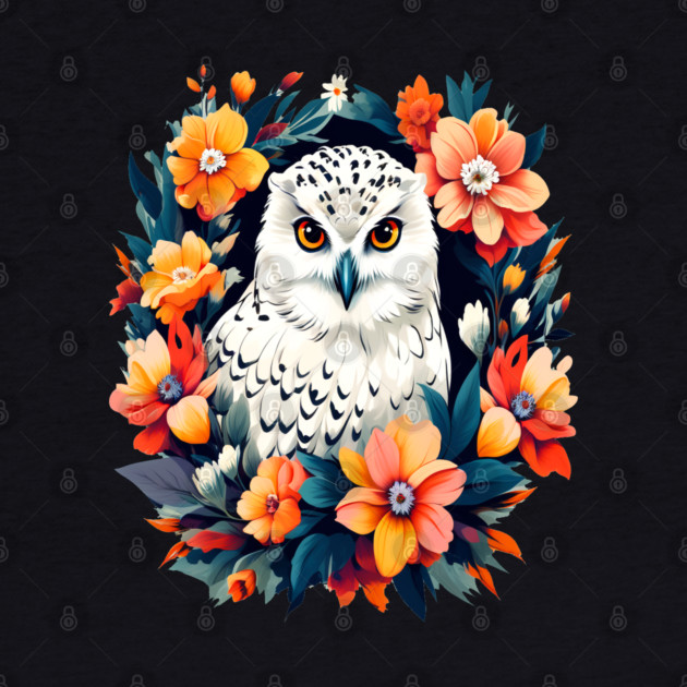 Cute Snowy Owl Surrounded by Bold Vibrant Spring Flowers by BirdsnStuff