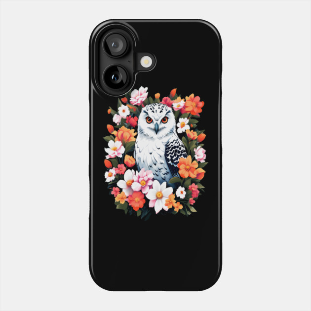 Cute Snowy Owl Surrounded by Bold Vibrant Spring Flowers Phone Case by BirdsnStuff
