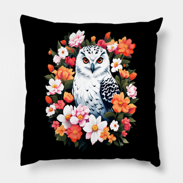 Cute Snowy Owl Surrounded by Bold Vibrant Spring Flowers Pillow by BirdsnStuff