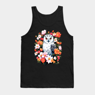 Cute Snowy Owl Surrounded by Bold Vibrant Spring Flowers Tank Top