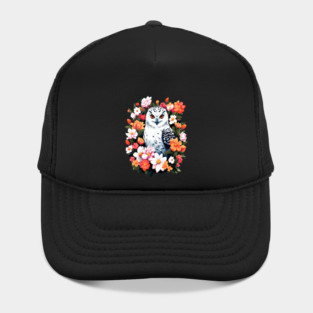 Cute Snowy Owl Surrounded by Bold Vibrant Spring Flowers Hat
