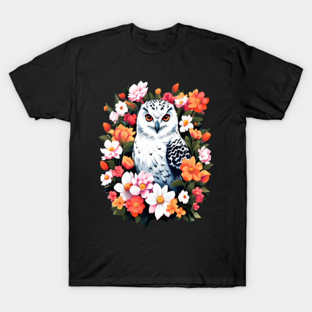 Cute Snowy Owl Surrounded by Bold Vibrant Spring Flowers T-Shirt by BirdsnStuff