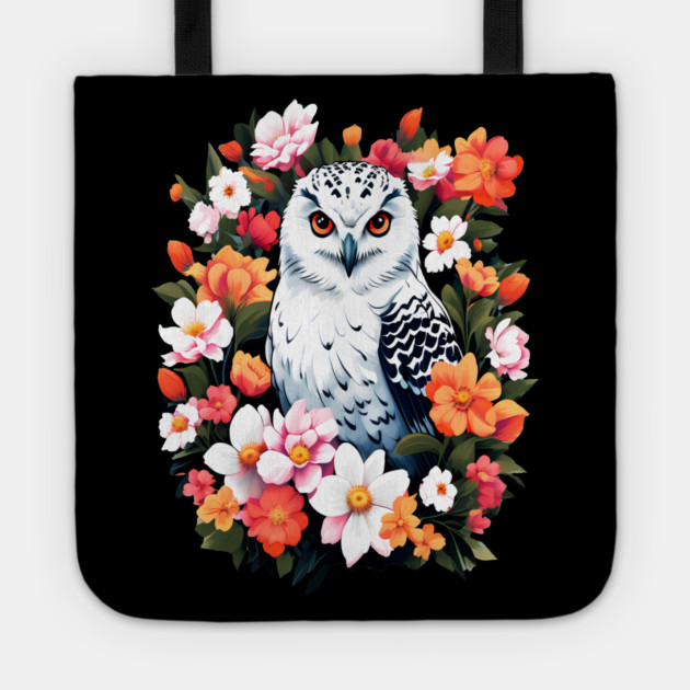 Cute Snowy Owl Surrounded by Bold Vibrant Spring Flowers Tote by BirdsnStuff