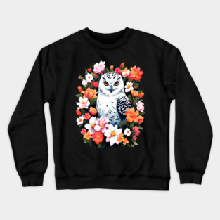 Cute Snowy Owl Surrounded by Bold Vibrant Spring Flowers Crewneck Sweatshirt