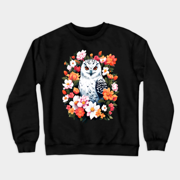 Cute Snowy Owl Surrounded by Bold Vibrant Spring Flowers Crewneck Sweatshirt by BirdsnStuff
