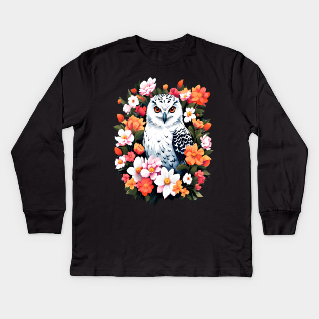 Cute Snowy Owl Surrounded by Bold Vibrant Spring Flowers Kids Long Sleeve T-Shirt by BirdsnStuff