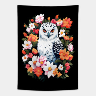 Cute Snowy Owl Surrounded by Bold Vibrant Spring Flowers Tapestry