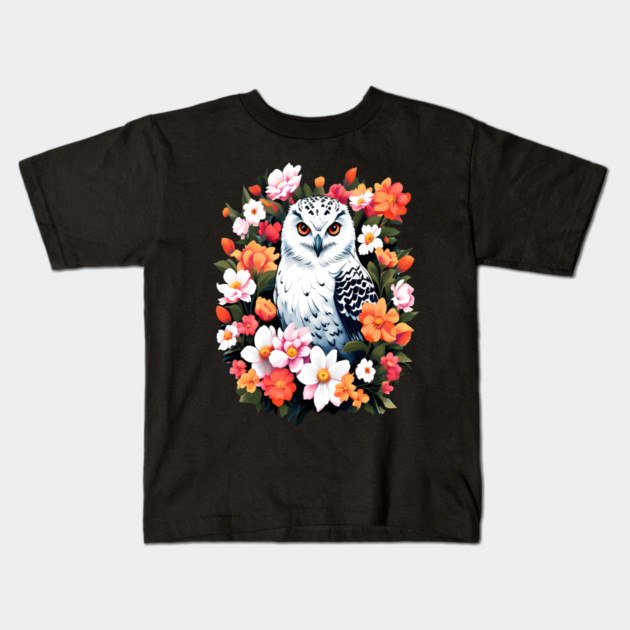 Cute Snowy Owl Surrounded by Bold Vibrant Spring Flowers Kids T-Shirt by BirdsnStuff