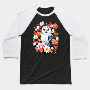 Cute Snowy Owl Surrounded by Bold Vibrant Spring Flowers Baseball T-Shirt