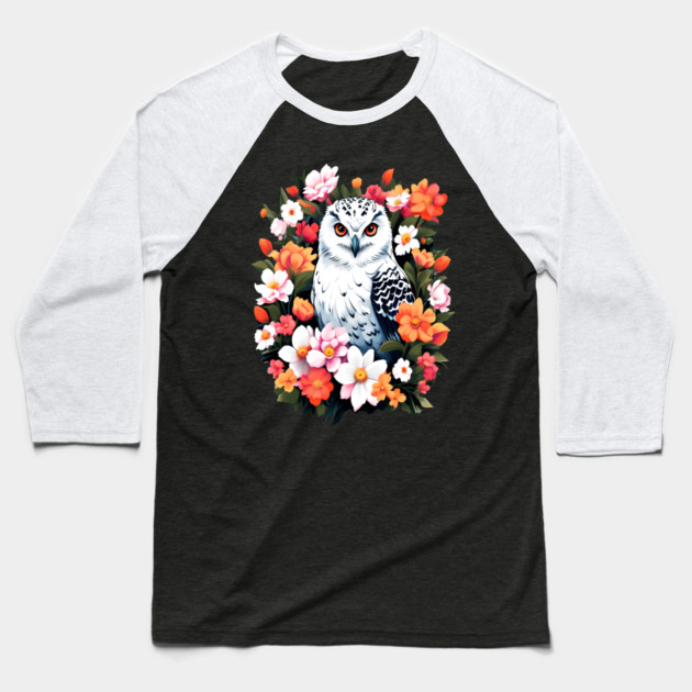 Cute Snowy Owl Surrounded by Bold Vibrant Spring Flowers Baseball T-Shirt by BirdsnStuff