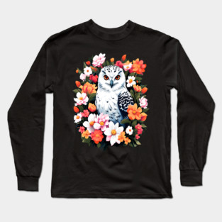 Cute Snowy Owl Surrounded by Bold Vibrant Spring Flowers Long Sleeve T-Shirt